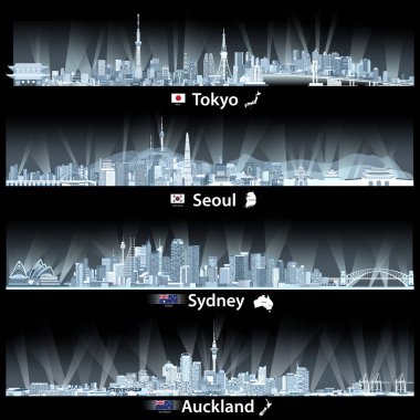 Tokyo, Seul, Sydney ve Auckland silüetini soyut vektör çizimler bayrakları ve haritalar Japonya, Güney Kore, Avustralya ve Yeni Zelanda ile yumuşak mavi paletindeki geceleri