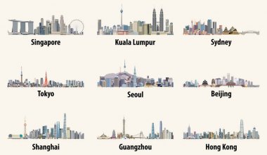 Singapur, Kuala Lumpur, Sydney, Tokyo, Seul, Pekin, Shanghai, Guangzhou ve Hong Kong silüetini soyut vektör çizimleri