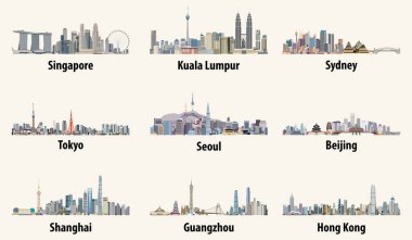 abstract vector illustrations of Singapore, Kuala Lumpur, Sydney, Tokyo, Seoul, Beijing, Shanghai, Guangzhou and Hong Kong skylines clipart