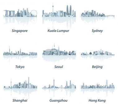 Singapur, Kuala Lumpur, Sydney, Tokyo, Seul, Pekin, Shanghai, Guangzhou ve Hong Kong silüetini yumuşak mavi renk paletindeki soyut vektör çizimleri