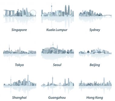 Singapur, Kuala Lumpur, Sydney, Tokyo, Seul, Pekin, Shanghai, Guangzhou ve Hong Kong silüetini yumuşak mavi renk paletindeki soyut vektör çizimleri