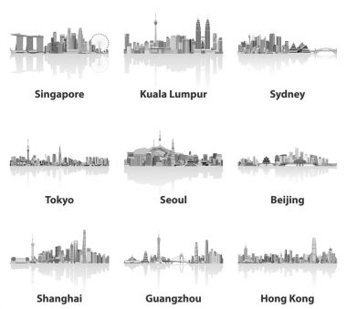 Singapur, Kuala Lumpur, Sydney, Tokyo, Seul, Pekin, Shanghai, Guangzhou ve Hong Kong silüetini gri ölçekler renk paletindeki soyut vektör çizimleri