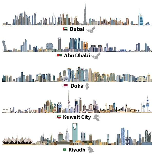 Vector illustrations of Dubai, Abu Dhabi, Doha, Riyadh and Kuwait city skylines with flags and maps of United Arab Emirates, Qatar, Kuwait and Saudi Arabia — Stock Vector