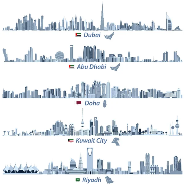 Ilustraciones vectoriales abstractas de Dubai, Abu Dhabi, Doha, Riad y Kuwait en tonos de azul paleta de colores con banderas y mapas de Emiratos Árabes Unidos, Qatar, Kuwait y Arabia Saudita — Vector de stock