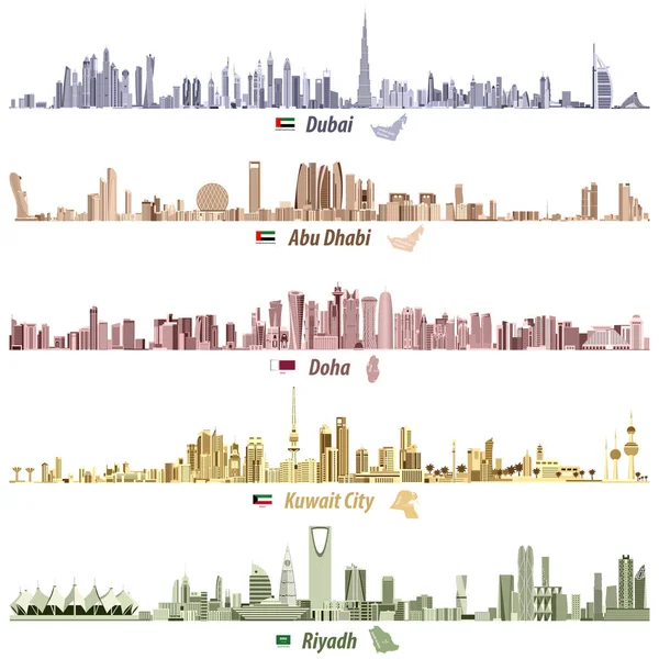 Abstract vectorillustraties van Dubai en Abu Dhabi, Doha, Riyadh, Kuwait city skylines in verschillende felle kleurenpaletten met vlaggen en kaarten van Verenigde Arabische Emiraten, Qatar, Koeweit en Saoedi-Arabië — Stockvector