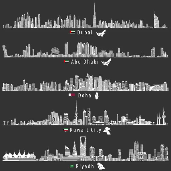 Abstract vector illustrations of Dubai, Abu Dhabi, Doha, Riyadh and Kuwait city skylines at night in grey scales color palette with flags and maps of UAE, Qatar, Kuwait and Saudi Arabia — Stock Vector