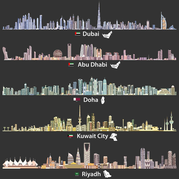 abstract vector illustrations of Dubai, Abu Dhabi, Doha, Riyadh and Kuwait city skylines at night in bright color palettes with flags and maps of United Arab Emirates, Qatar, Kuwait and Saudi Arabia