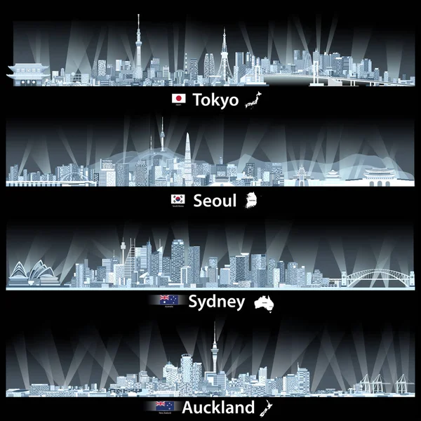 Abstrakte Vektorillustrationen der Skylines von Tokio, Seoul, Sydney und Auckland bei Nacht in weicher blauer Palette mit Flaggen und Karten von Japan, Südkorea, Australien und Neuseeland — Stockvektor