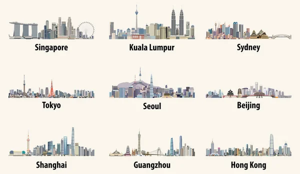 シンガポール、クアラルンプール、シドニー、東京、ソウル、北京、上海、広州、香港のスカイラインの抽象的なベクトル イラスト — ストックベクタ