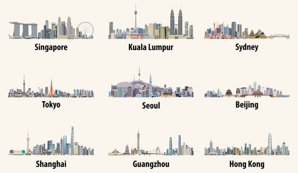 abstract vector illustrations of Singapore, Kuala Lumpur, Sydney, Tokyo, Seoul, Beijing, Shanghai, Guangzhou and Hong Kong skylines