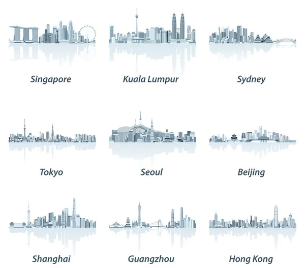 Singapur, Kuala Lumpur, Sydney, Tokyo, Seul, Pekin, Shanghai, Guangzhou ve Hong Kong silüetini yumuşak mavi renk paletindeki soyut vektör çizimleri