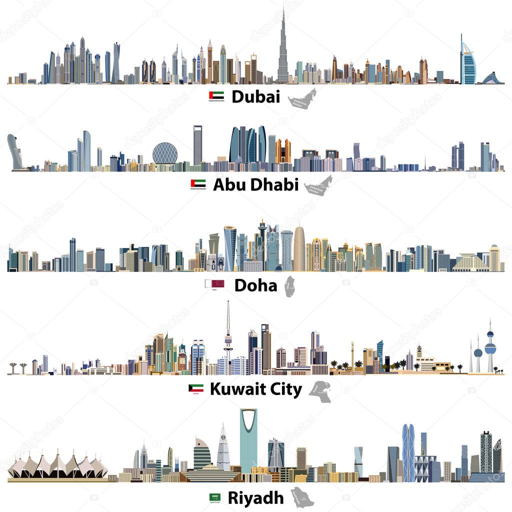 vector illustrations of Dubai, Abu Dhabi, Doha, Riyadh and Kuwait city skylines with flags and maps of United Arab Emirates, Qatar, Kuwait and Saudi Arabia