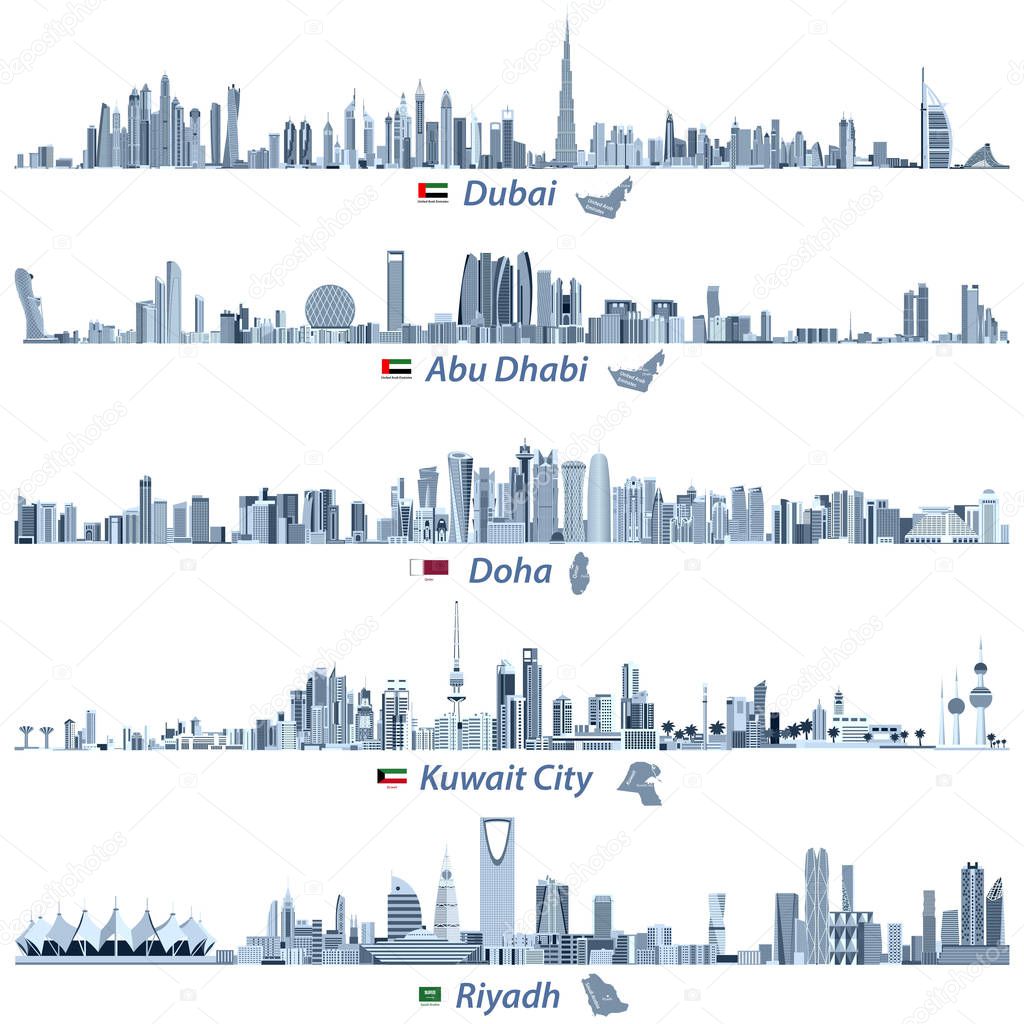 abstract vector illustrations of Dubai, Abu Dhabi, Doha, Riyadh and Kuwait city skylines in tints of blue color palette with flags and maps of United Arab Emirates, Qatar, Kuwait and Saudi Arabia