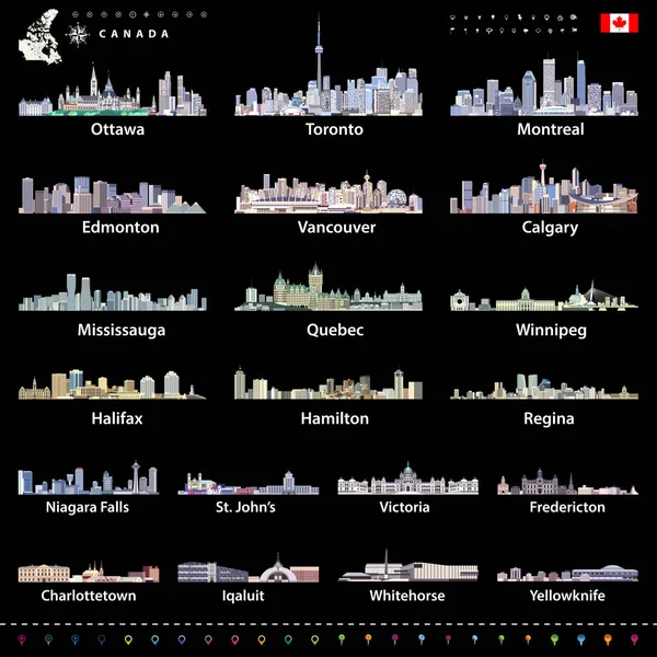 Kanadyjski największych miast i wszystkich Państwa stolice sylwetki na tle nieba w jasny kolor palety z mapą i flaga Kanady — Wektor stockowy