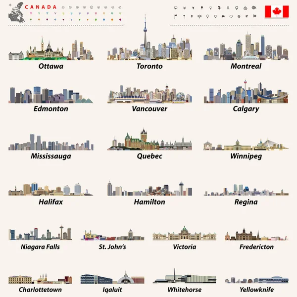 カナダ最大の都市およびすべての州首都のスカイライン — ストックベクタ