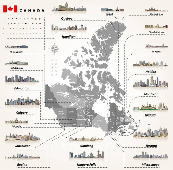 Karte der Provinzen und Territorien Kanadas mit den größten Städten und den Skylines aller Hauptstädte. Standort, Navigationssymbole. alle Elemente getrennt in abnehmbaren und beschrifteten Schichten — Stockvektor