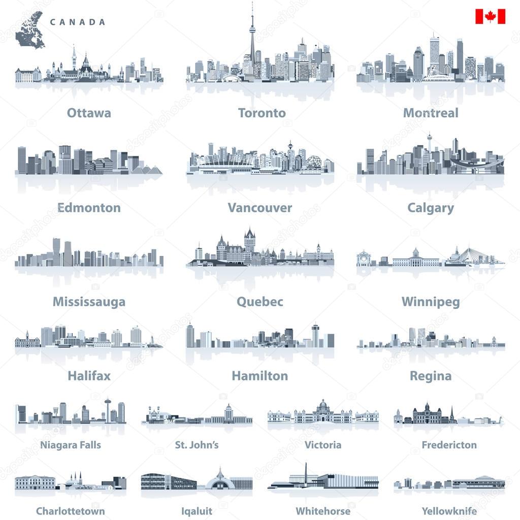 Canadian largest cities and all states capitals skylines in tints of blue color palette with water reflections;