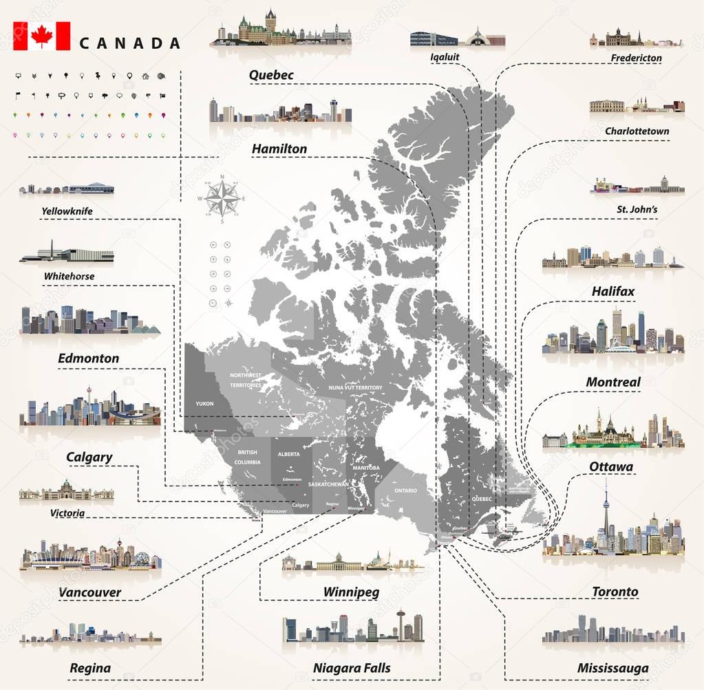 map of provinces and territories of Canada with largest cities and all states capitals skylines.  Location, navigation icons. All elements separated in detachable and labeled layers
