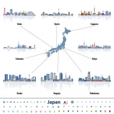 en büyük Japonya şehir silueti ile Japon harita. Gezinti, konumu ve seyahat simgeleri.