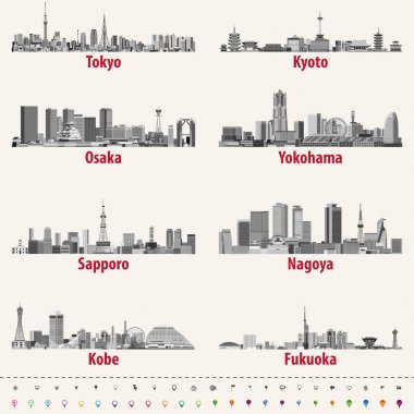 Japon şehir silueti gri ölçekler renk paletinde konumu, gezinme ve seyahat simgeler vektör çizim; bayrak ve Japonya Haritası