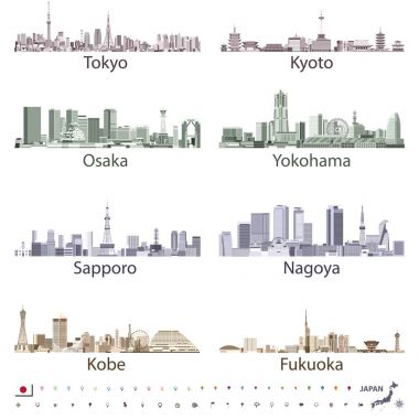 Japon şehir silueti içinde parlak renk paletleri