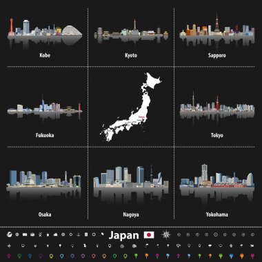 en büyük Japonya şehir silueti ile Japon harita. Gezinti, konumu ve seyahat simgeleri.