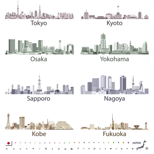 Japanese city skylines in bright color palettes — Stock Vector