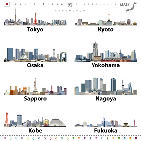 Illustrazione degli skyline delle città giapponesi con posizione, navigazione e icone di viaggio; bandiera e mappa del Giappone — Vettoriale Stock