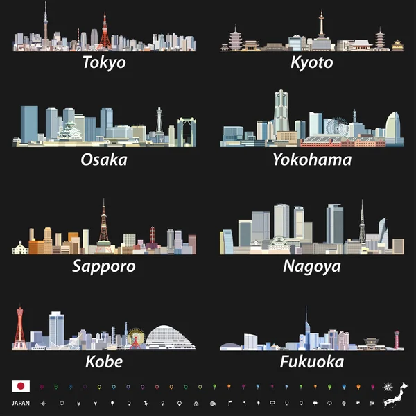 Ilustración vectorial de los skylines de la ciudad japonesa sobre fondo negro con la ubicación, la navegación y los iconos de viaje; bandera y mapa de Japón — Archivo Imágenes Vectoriales