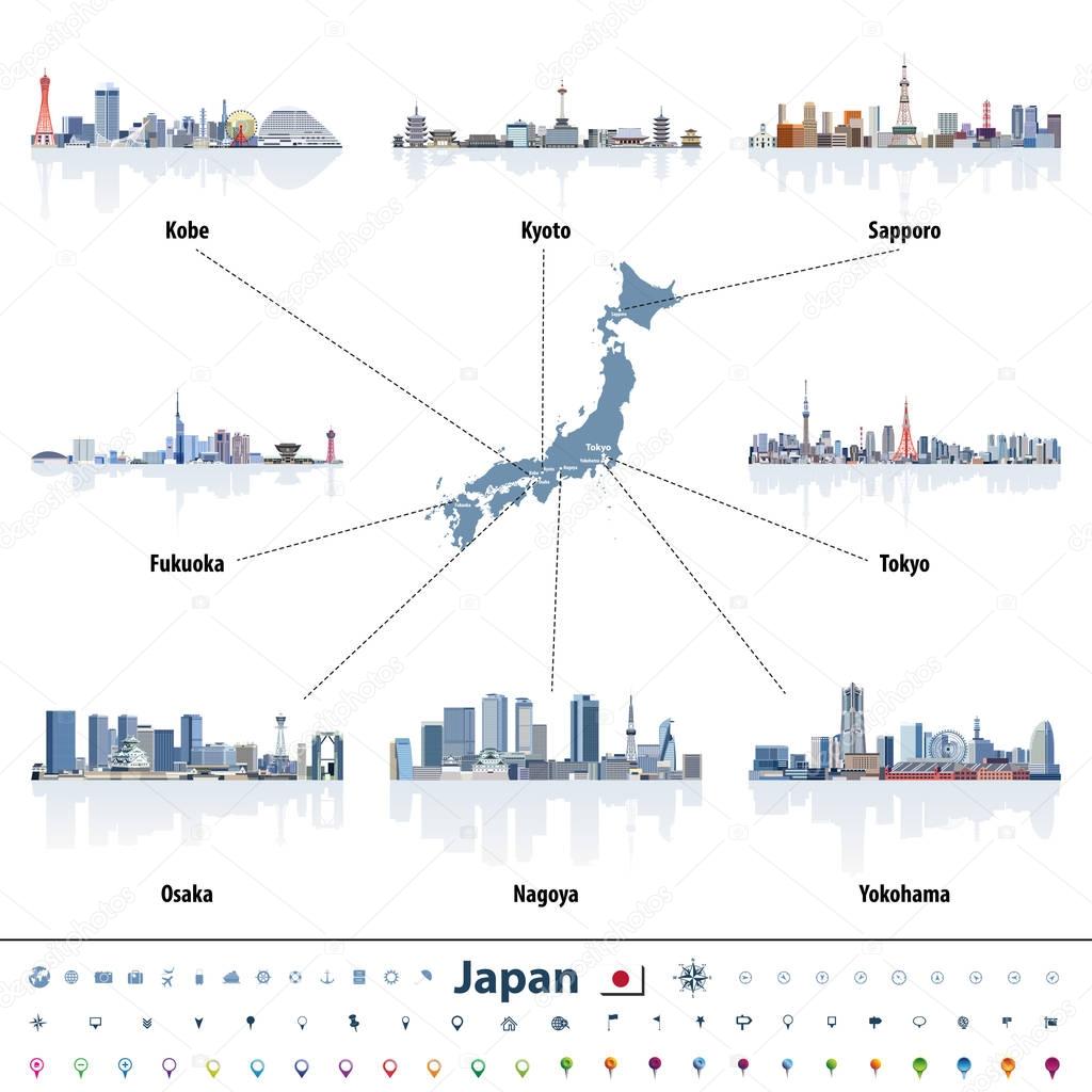 japanese map with largest Japan city skylines. Navigation, location and travel icons.