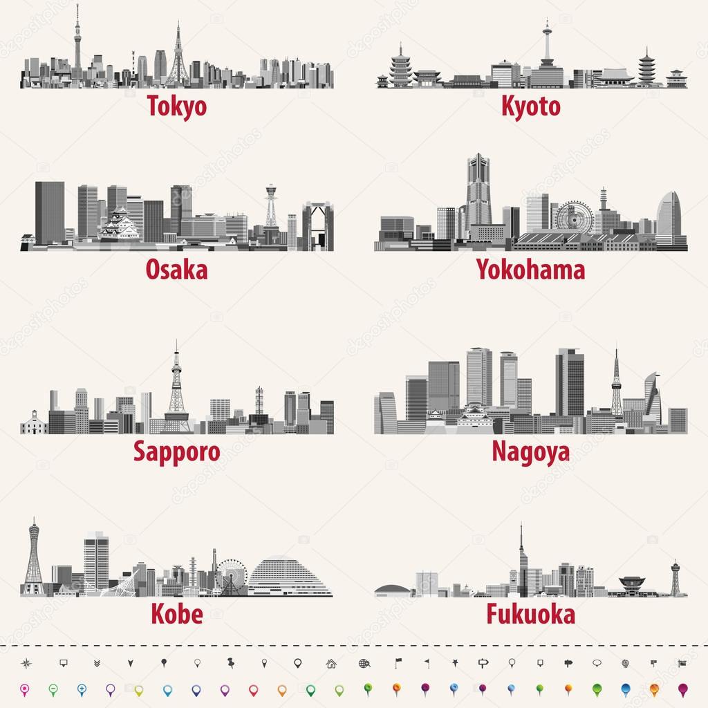Vector illustration of japanese city skylines in grey scales color palette with location, navigation and travel icons; flag and map of Japan