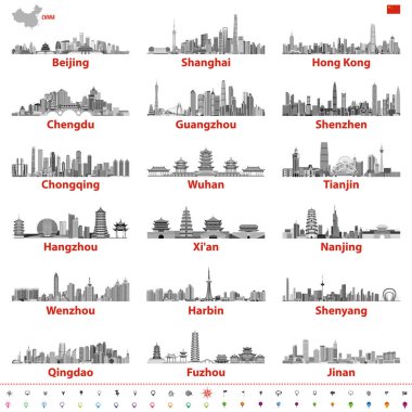 vector set of chinese largest city skylines in black and white color palette with map and flag of China; navigation, location and travel icons clipart
