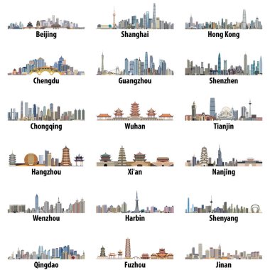 vector high detailed set of chinese largest city skylines isolated on white background