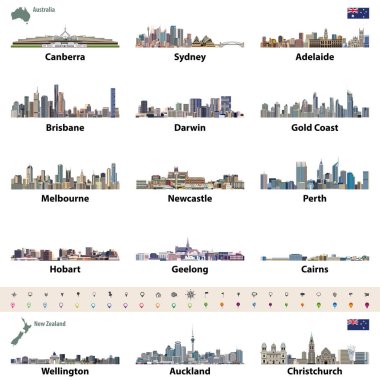 Avustralya ve Yeni Zelanda şehir silueti illüstrasyon vektör. Harita ve Avustralya ve Yeni Zelanda bayrağı. Gezinti, konumu ve seyahat simgeleri. 