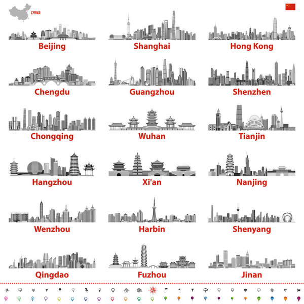vector set of chinese largest city skylines in black and white color palette with map and flag of China; navigation, location and travel icons