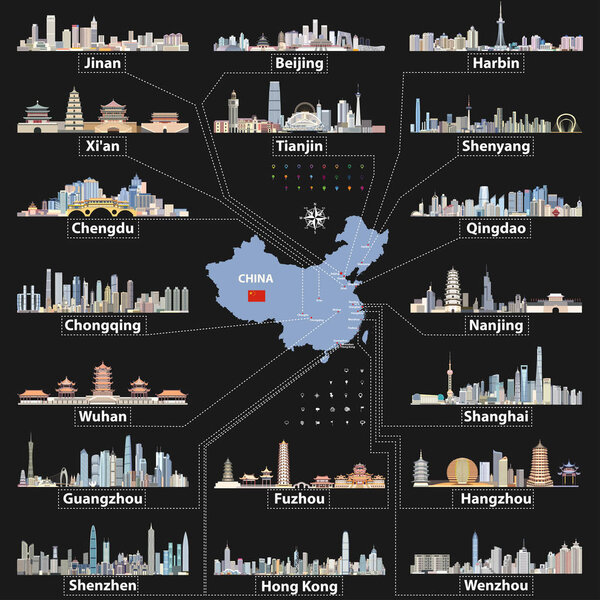 vector China map with largest chinese city skylines