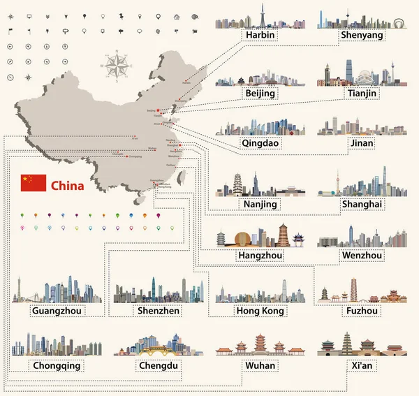 Vector map of China with largest chinese city skylines. Navigation, location and travel icons — Stock Vector