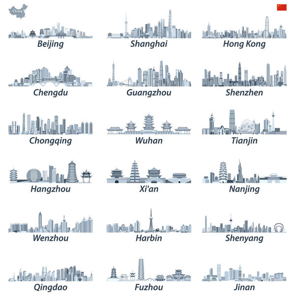 векторная высокая детальная иллюстрация крупнейших городских горизонтов Китая в оттенках синего цвета с картой и флагом Китая
