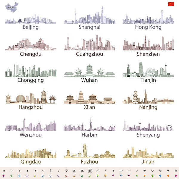 vector set of abstract chinese largest city skylines in brightful color palette with map and flag of China; navigation, location and travel icons