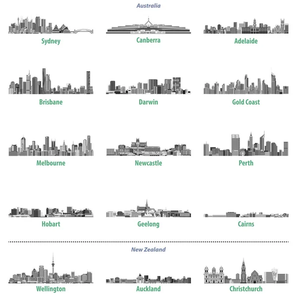 Avustralya ve Yeni Zelanda şehir silueti gri ölçekler renk paletindeki vektör kümesi