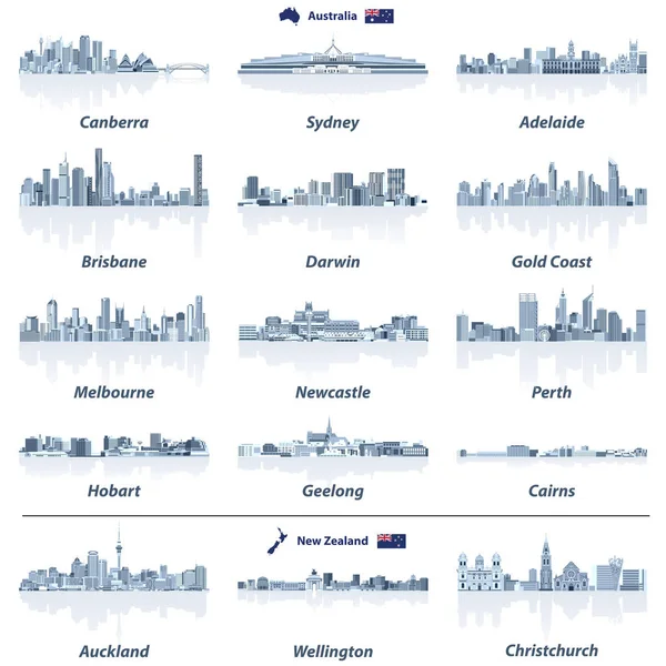 Ilustração vetorial de horizonte australiano e neozelandês com reflexos de água em tons de paleta de cores azul. Mapa e bandeira da Austrália e Nova Zelândia . —  Vetores de Stock