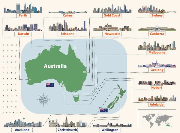 Vektorkarte (und Flaggen) von Australien und Neuseeland mit den Skylines der größten Städte. Lage, Navigation und Reise-Symbole — Stockvektor