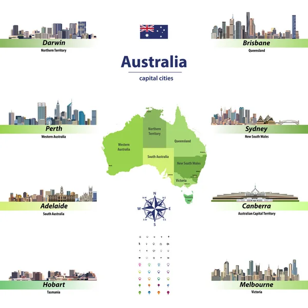 Illustrazione vettoriale degli stati dell'Australia mappa con gli skyline delle capitali — Vettoriale Stock