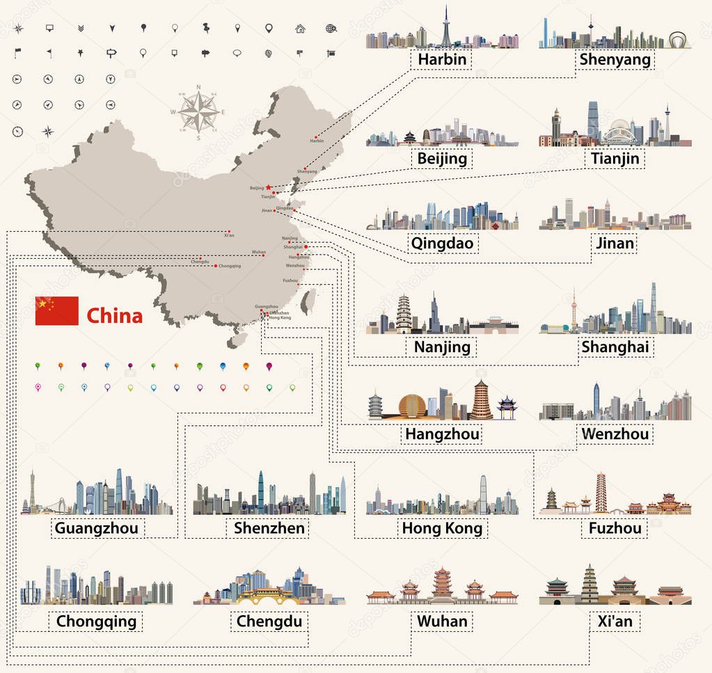 vector map of China with largest chinese city skylines. Navigation, location and travel icons