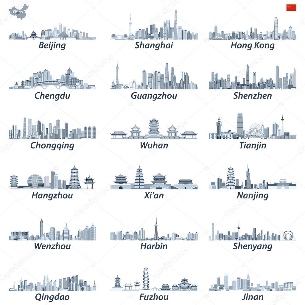 vector high detailed illustration of chinese largest city skylines in tints of blue color palette with map and flag of China