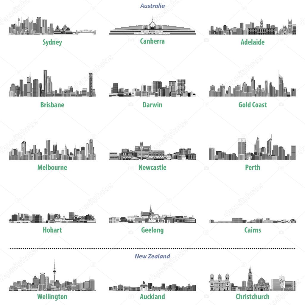 vector set of Australian and New Zealand city skylines in grey scales color palette
