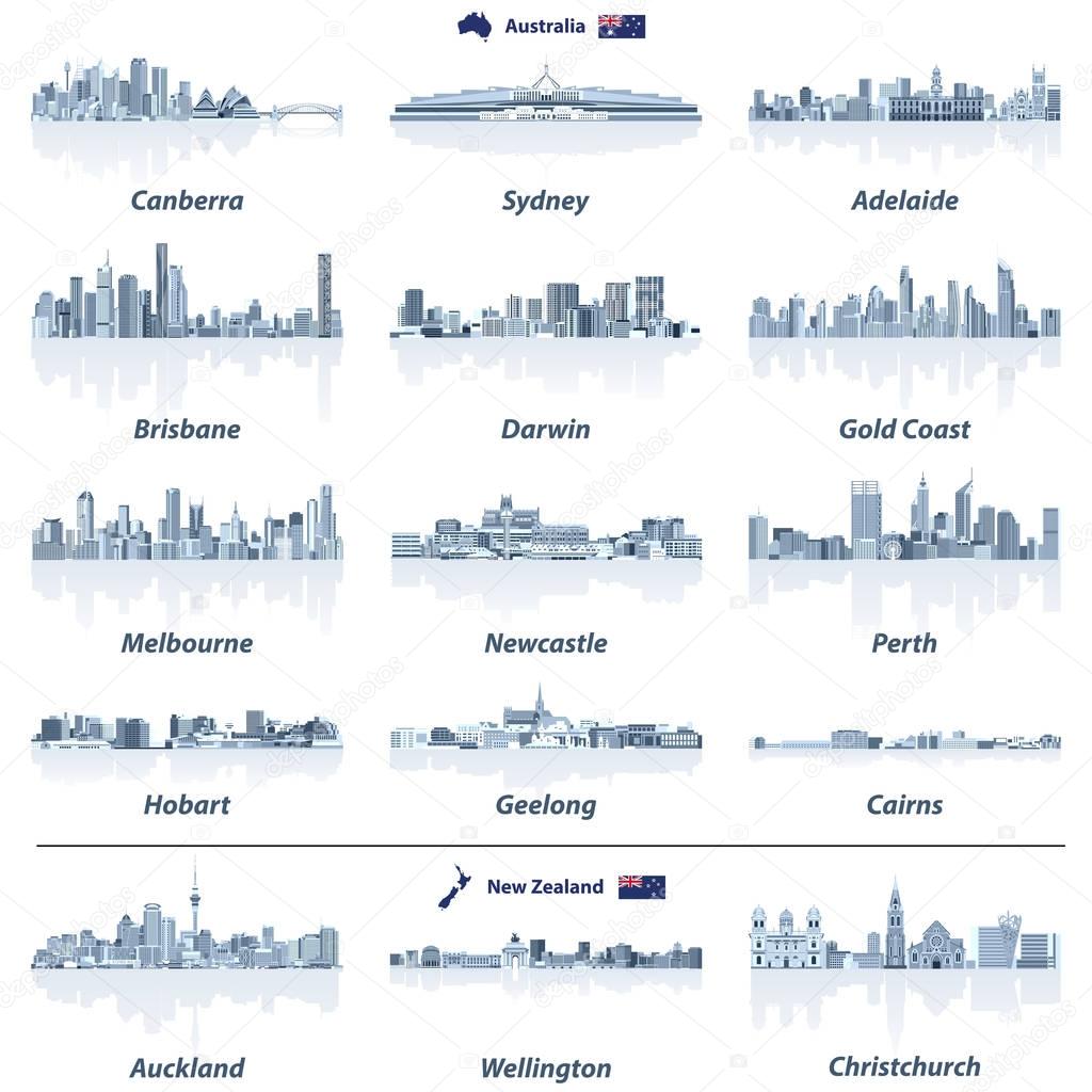 vector illustration of Australian and New Zealand skylines with water reflections in tints of blue color palette. Map and flag of Australia and New Zealand.