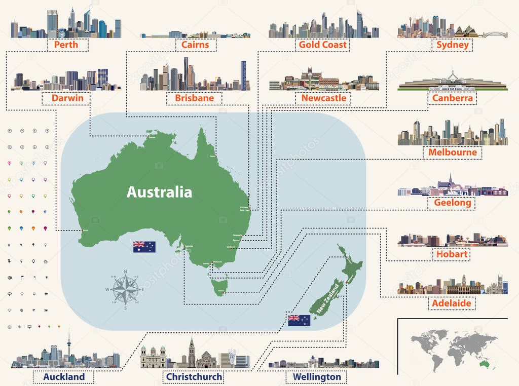 vector map (and flags) of Australia and New Zealand with largest cities skylines. Location, navigation and travel icons