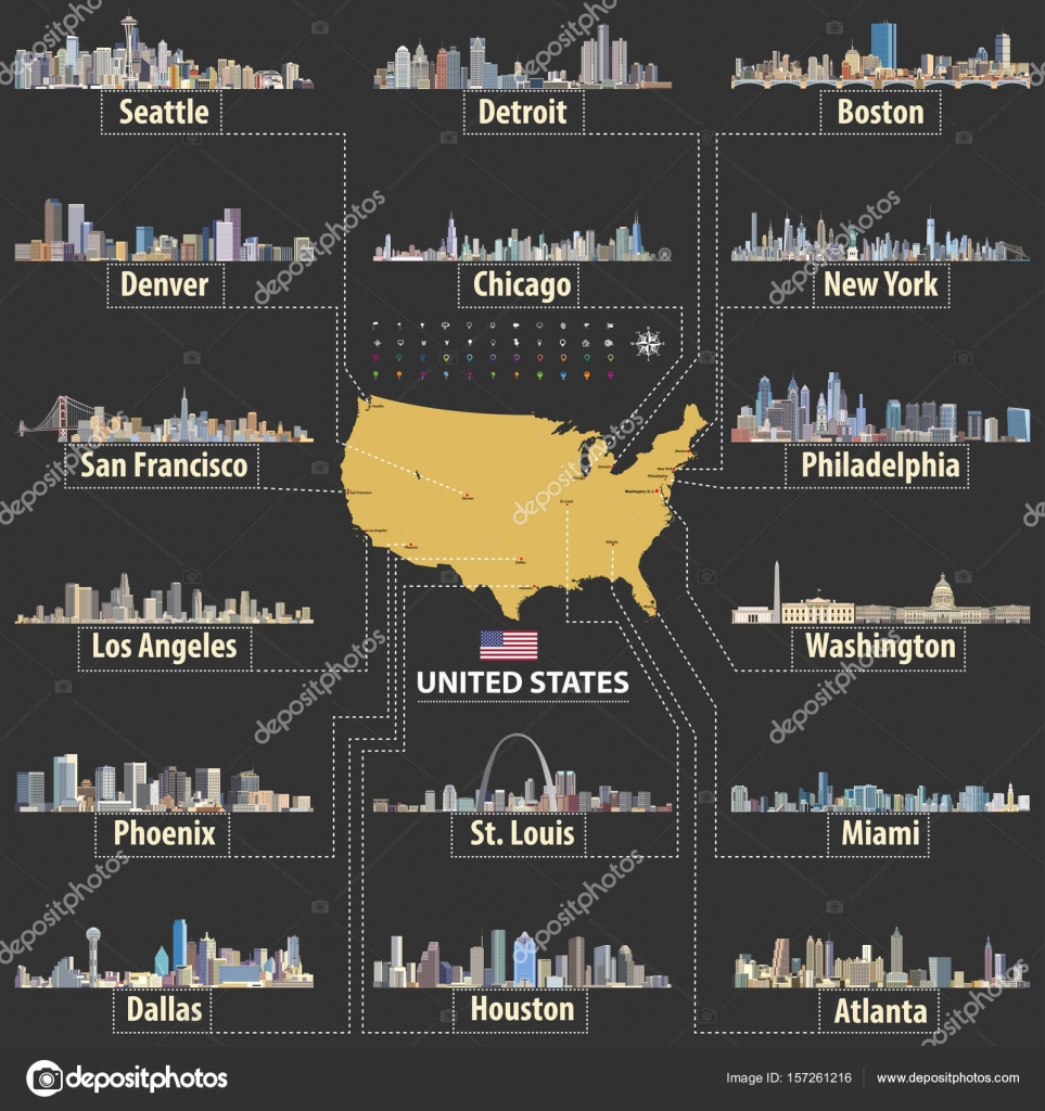 Vector map of United States of America with largest cities' skylines