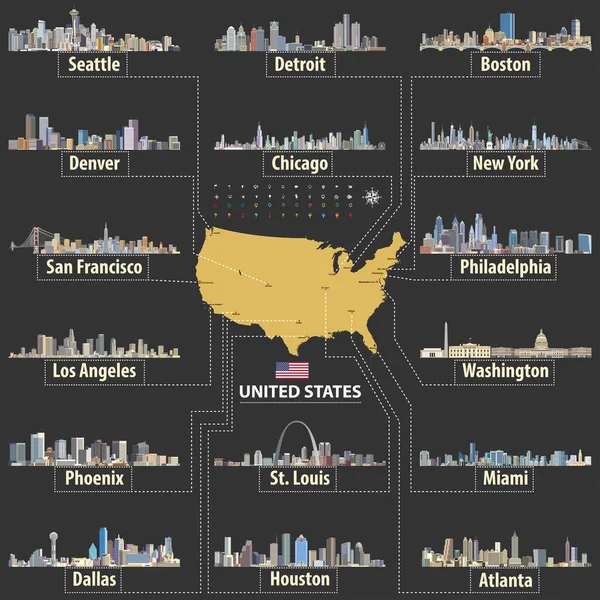 Mapa vetorial dos Estados Unidos da América com o horizonte das maiores cidades — Vetor de Stock